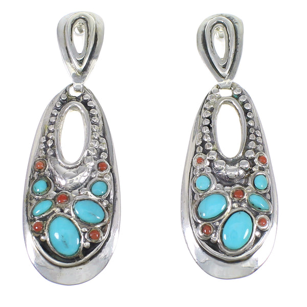Sterling Silver Turquoise And Coral Southwestern Post Dangle Earrings YX68120